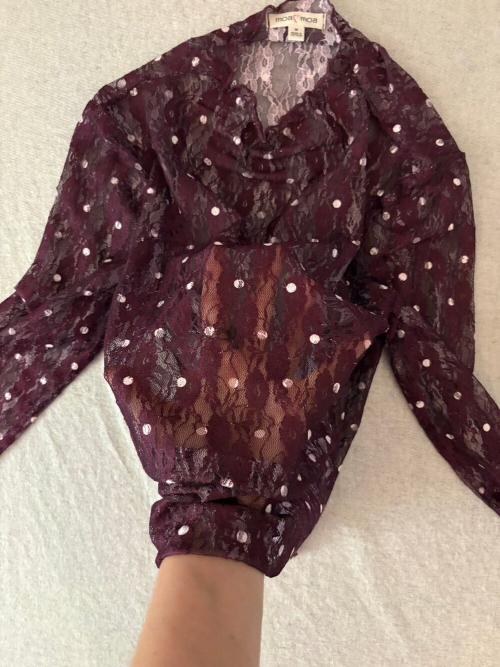 NWT Moa Moa Maroon Sheer Lace Polka Dot Mock Neck Top M - Picture 5 of 5